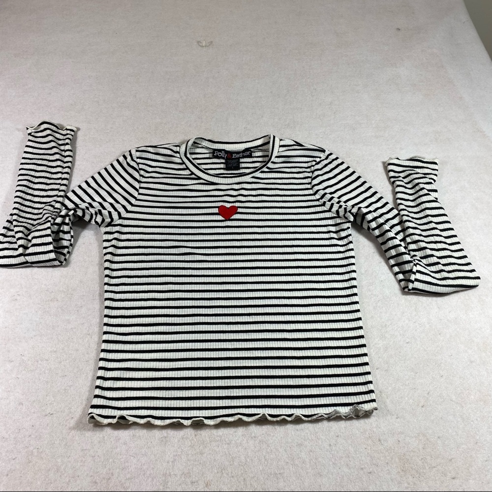 Polly & Esther Cropped Shirt Long Sleeve Crew Neck White black Striped S…